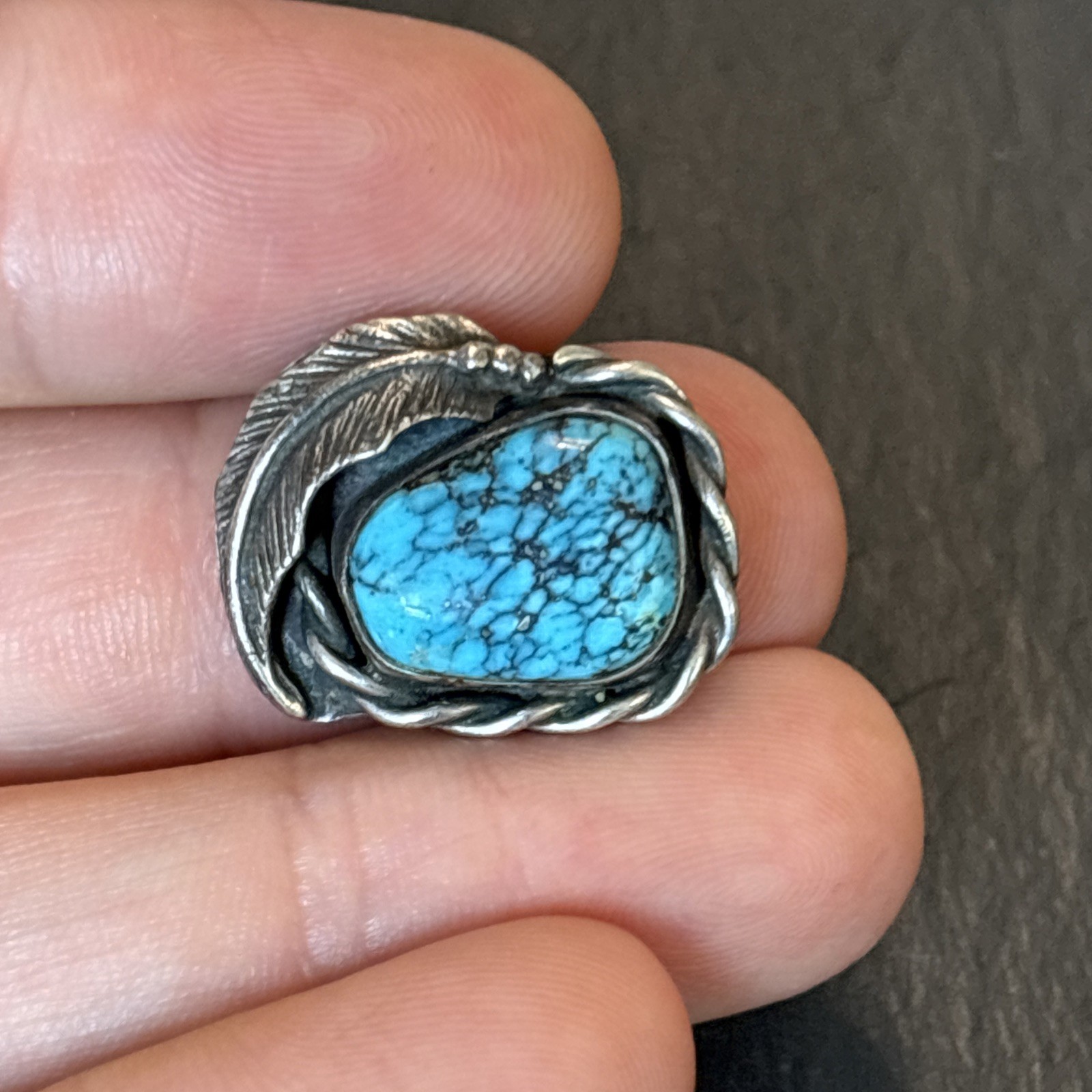 LY YL Navajo Vintage Ring Intense Turquoise Size 5.5 Sterling Silver