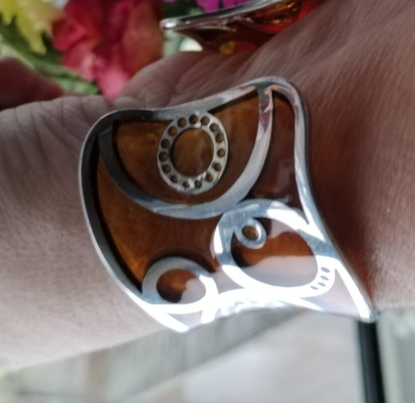 Jou Jou 925 Silver Scrolled Cuff Bracelet Inset With Yellowy Amber Resin