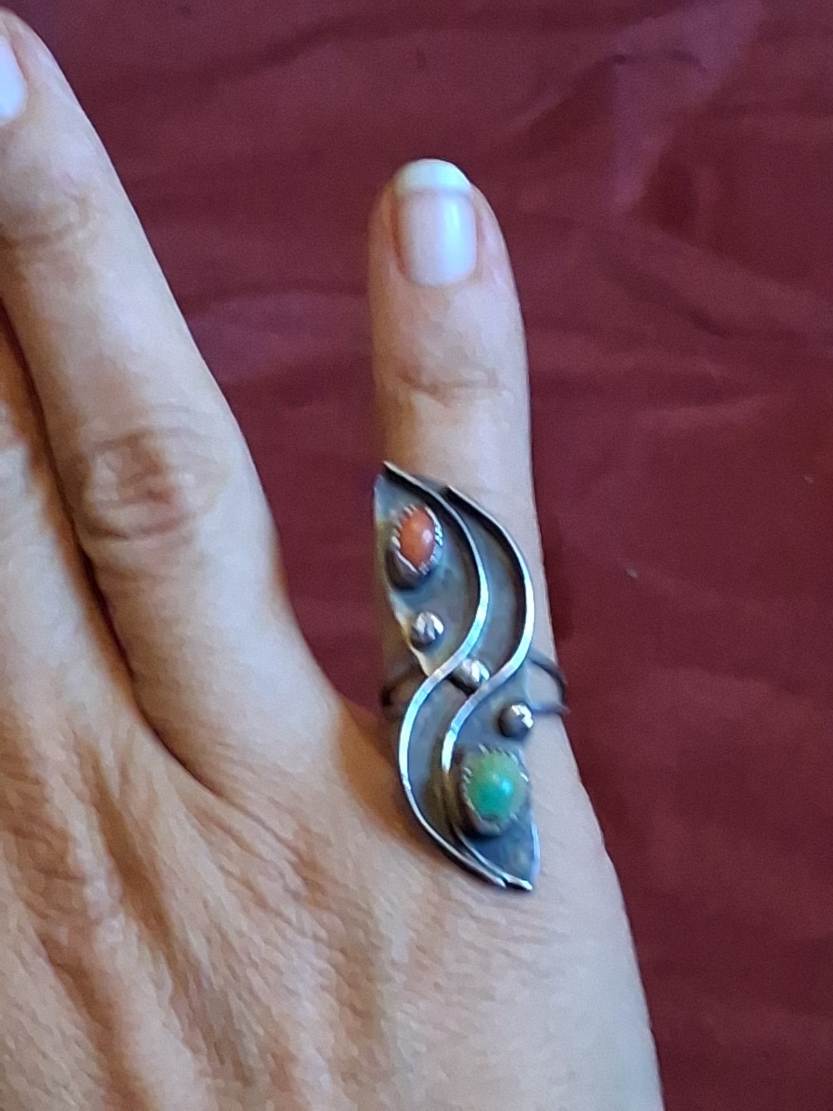 Vintage Native American Old Pawn Turquoise And Coral Ring 5.5