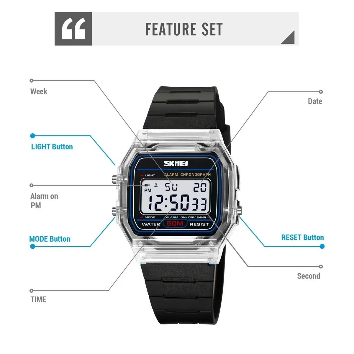 SKMEI Transparent TPU Strap Ladies Wristwatch Shockproof Back Light Display Stop