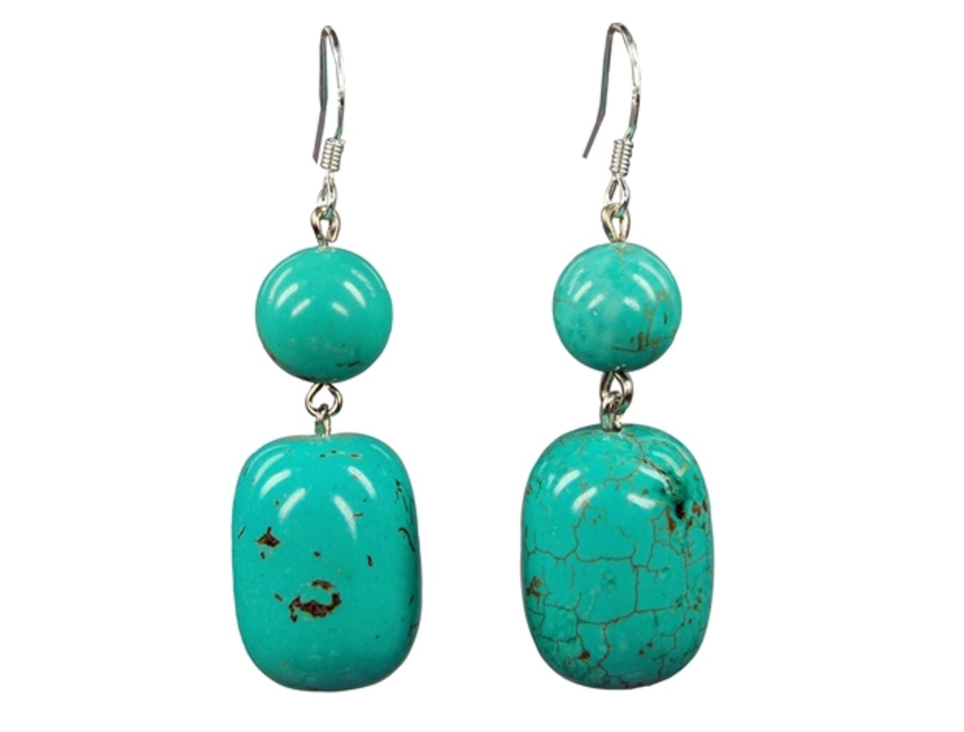 Beautiful 925 Silver Turquoise (Howlite) Barrel and Ball Shape Earrings Ear Hooks
