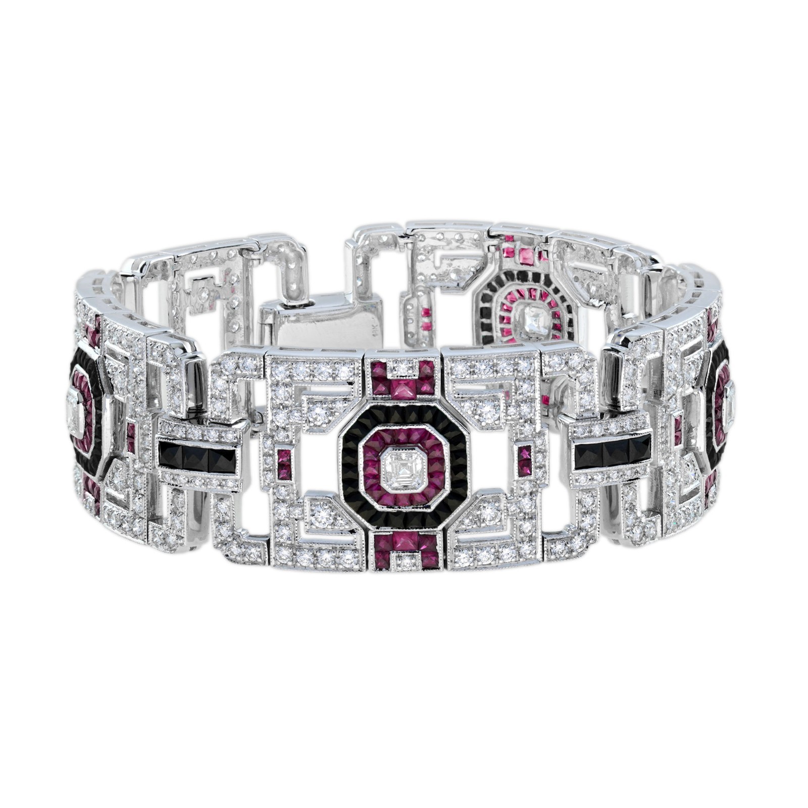 18K White Gold Diamond Ruby Onyx Art Deco Geometric Link Bracelet