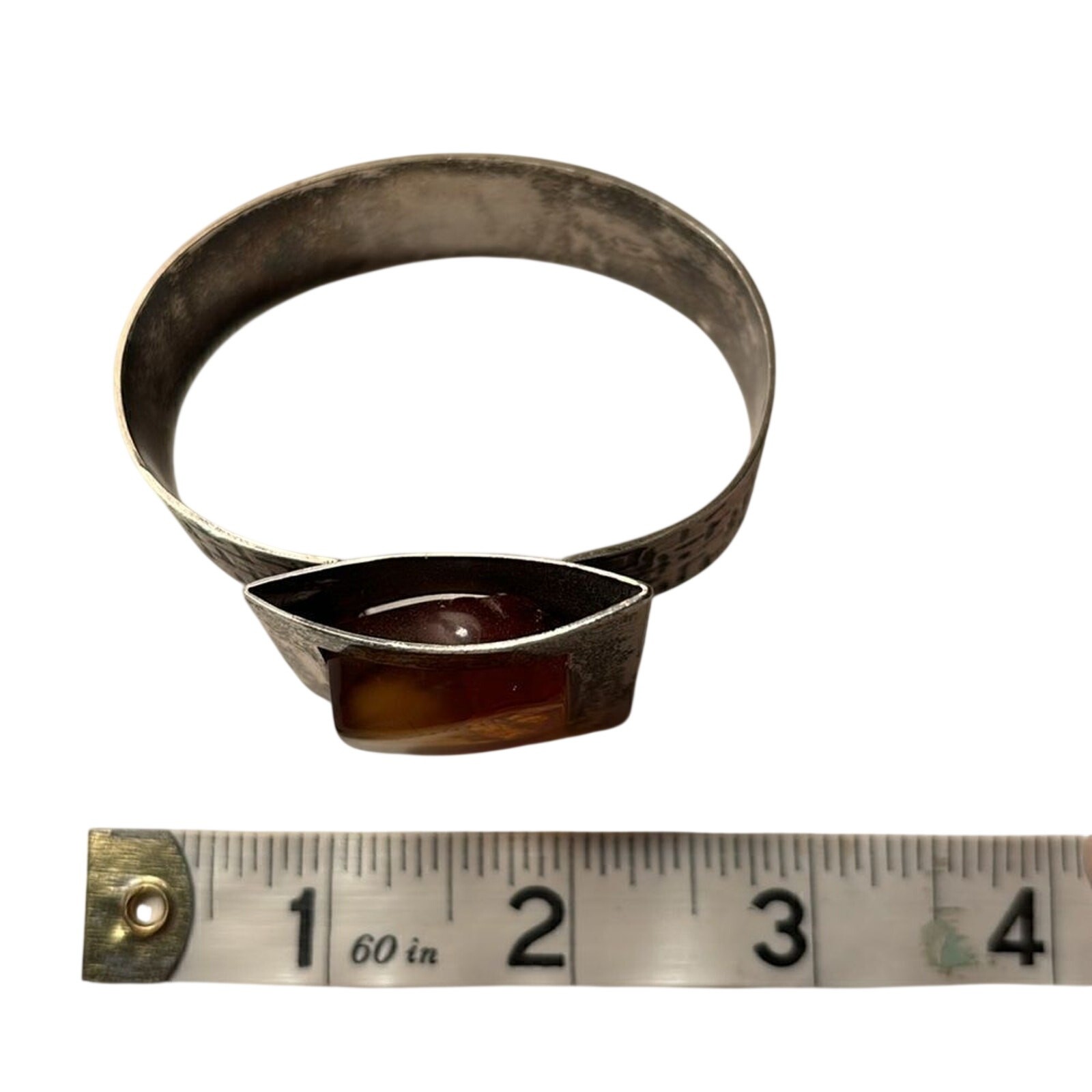 Vintage Sterling Silver Baltic Amber Brutalist Hinged Cuff Bracelet