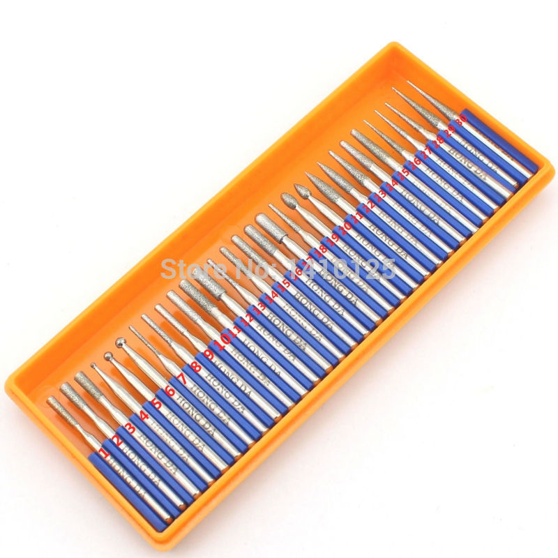 30 Pcs Bur Diamond Grinding Head Set Coated Carving Burrs Rotary Shank 2.35mm