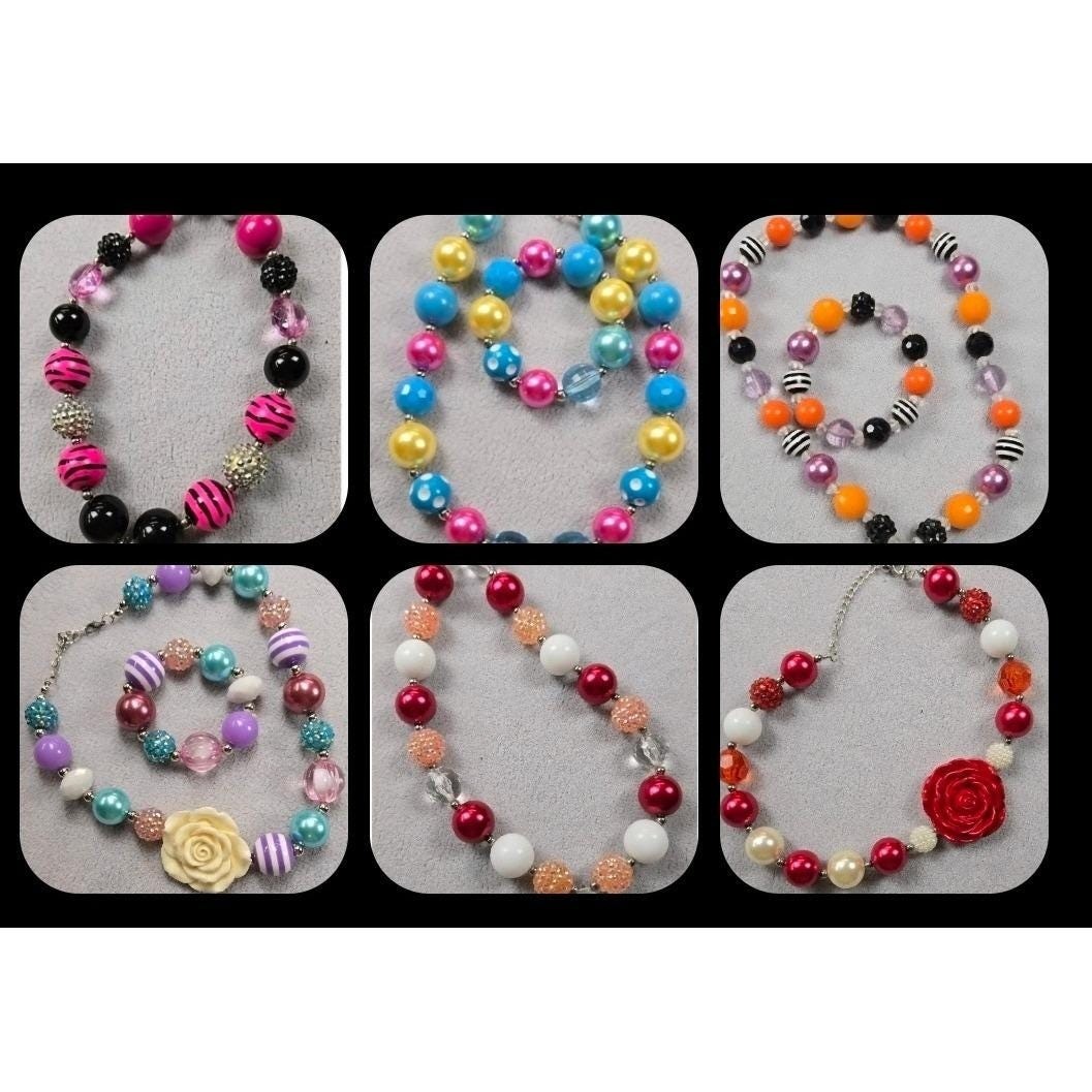 Girls 6 Bubblegum Bead Necklace & Bracelet Sets Kids Colorful Whimsical Holiday