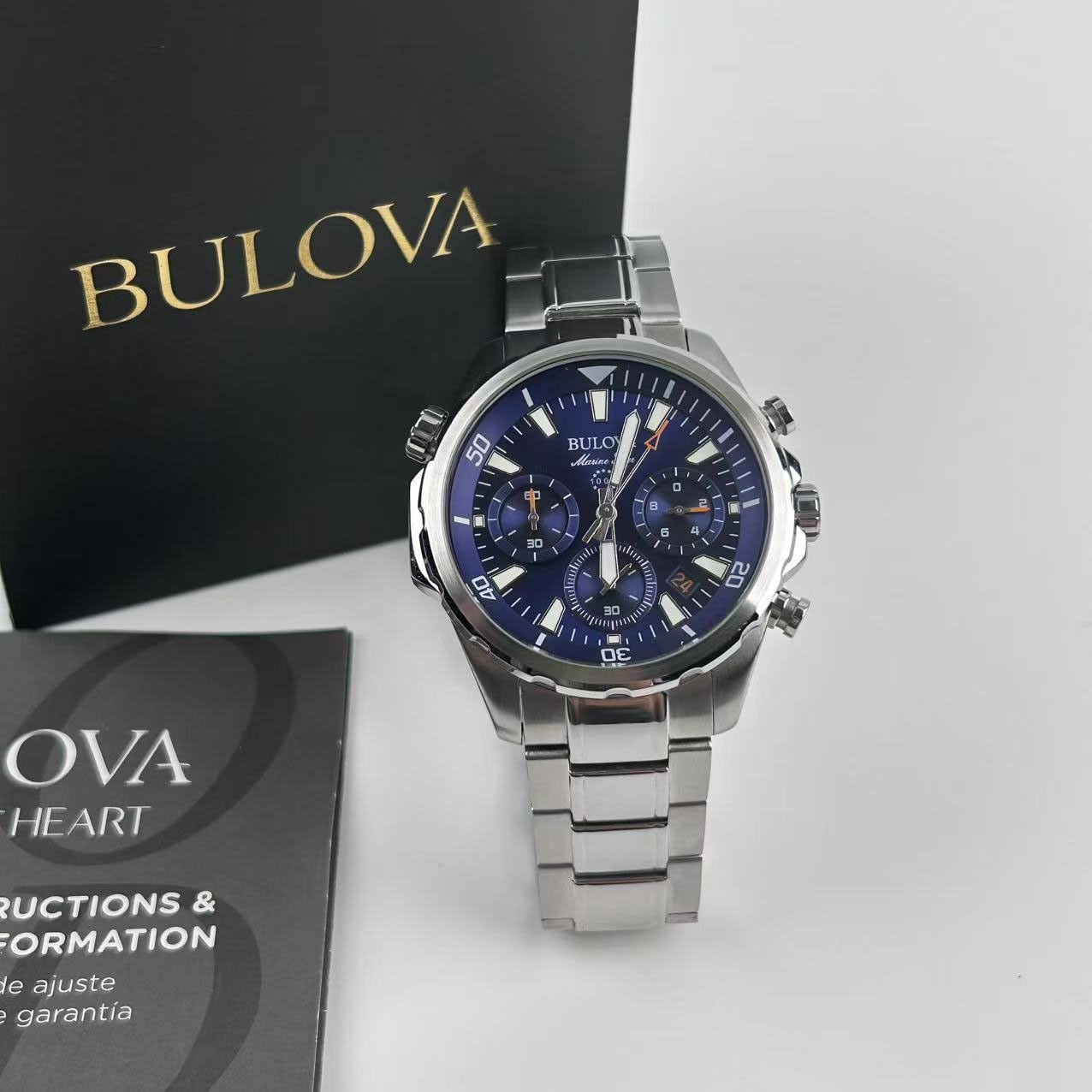 New Bulova Marine Star 96B256 Blue Dial Men’s Chronograph Quartz Watch 43mm