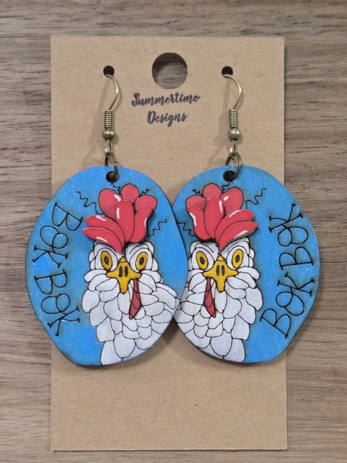 Hand Painted Laser Cut Wood Earrings Bok Bok Crazy Rooster 2.5″