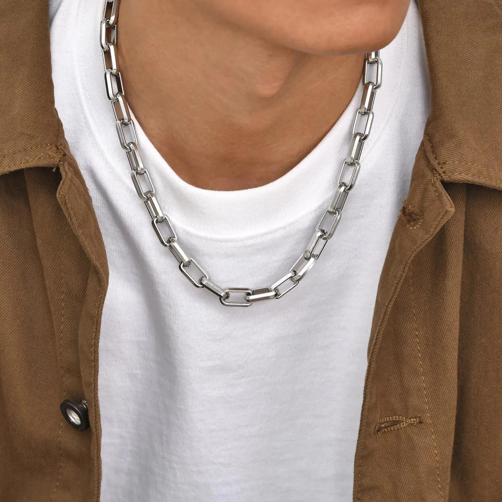 Stainless Steel Chain Necklace Rectangle Square Link Punk Collar Men Jewelry