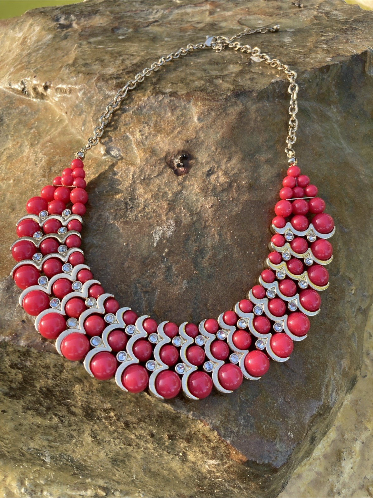 Vintage Pink Beaded Statement Necklace Go To Rhinestone Bib Collar Choker
