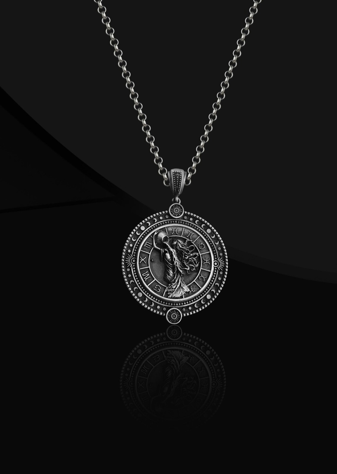 Aquarius Zodiac Oxidized 925 Sterling Silver Pendant Necklace Duty Free