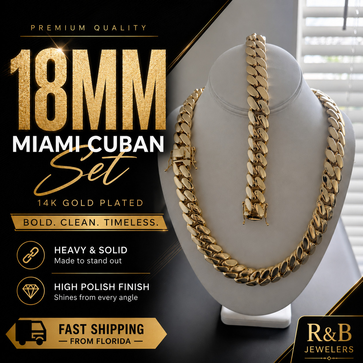Miami Cuban Link SET Chain Necklace Bracelet 14k Gold Plated 18mm SOLID Box Lock