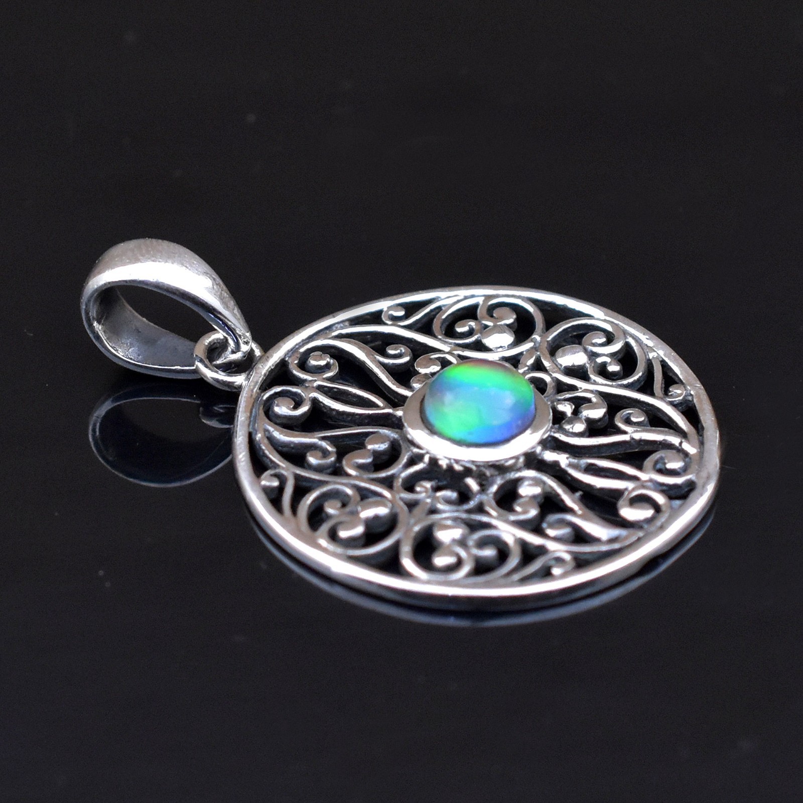 925 Sterling Silver Aurora opal Round Pendant, Handmade Boho Jewellery