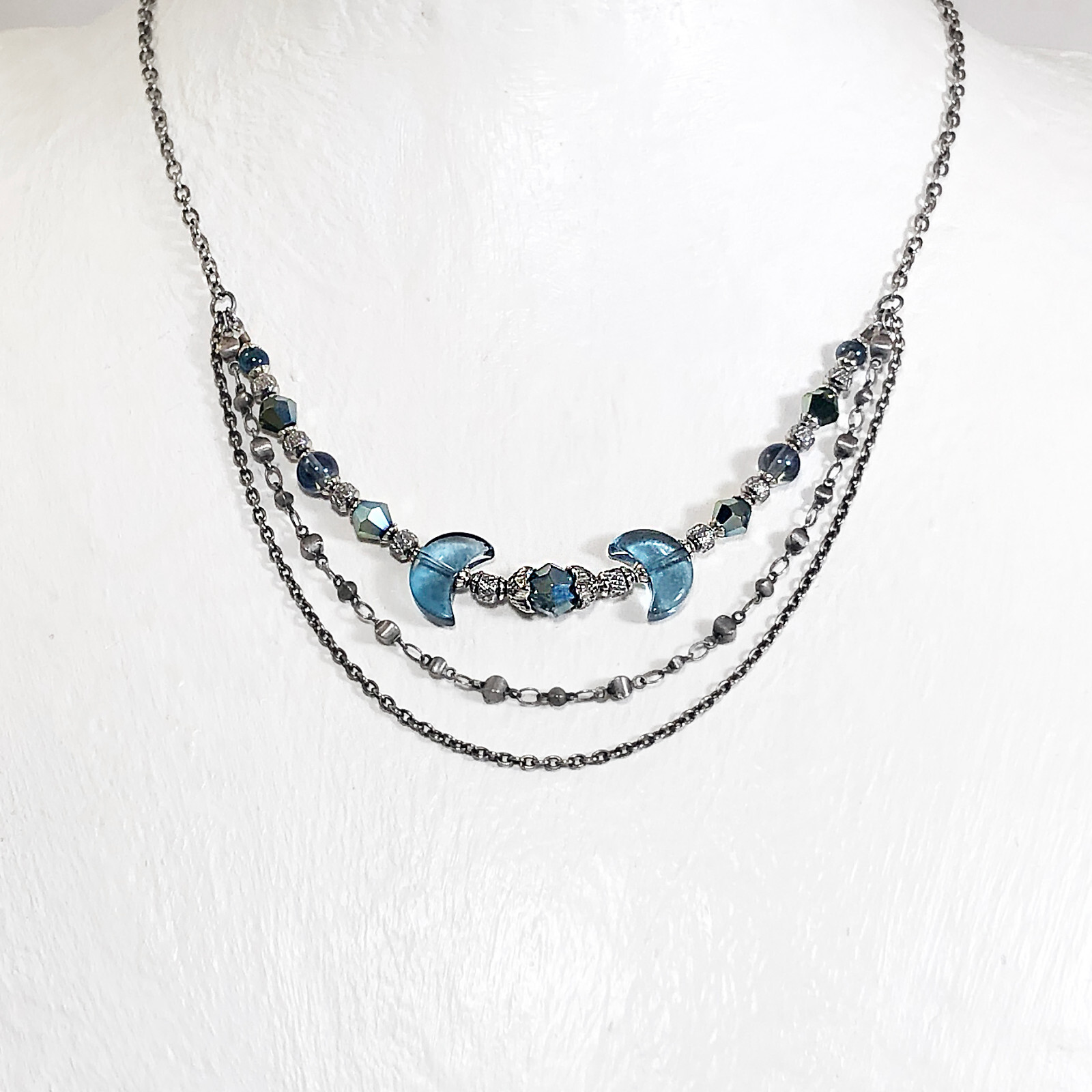 Midnight Blue Crescent Moon Necklace with Titanium Coated Quartz