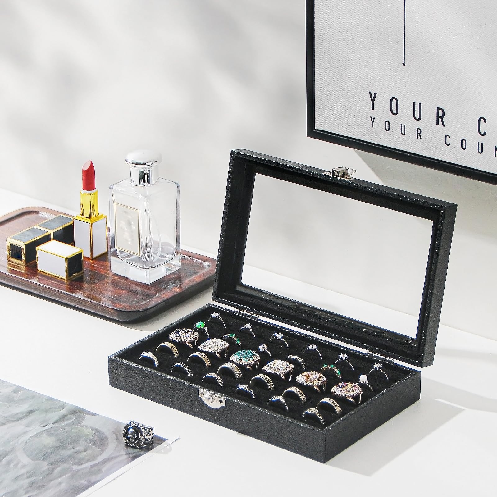 Kanwoder Ring Organizer Box for Jewelry,Rings Cufflinks 30 Slots, Black