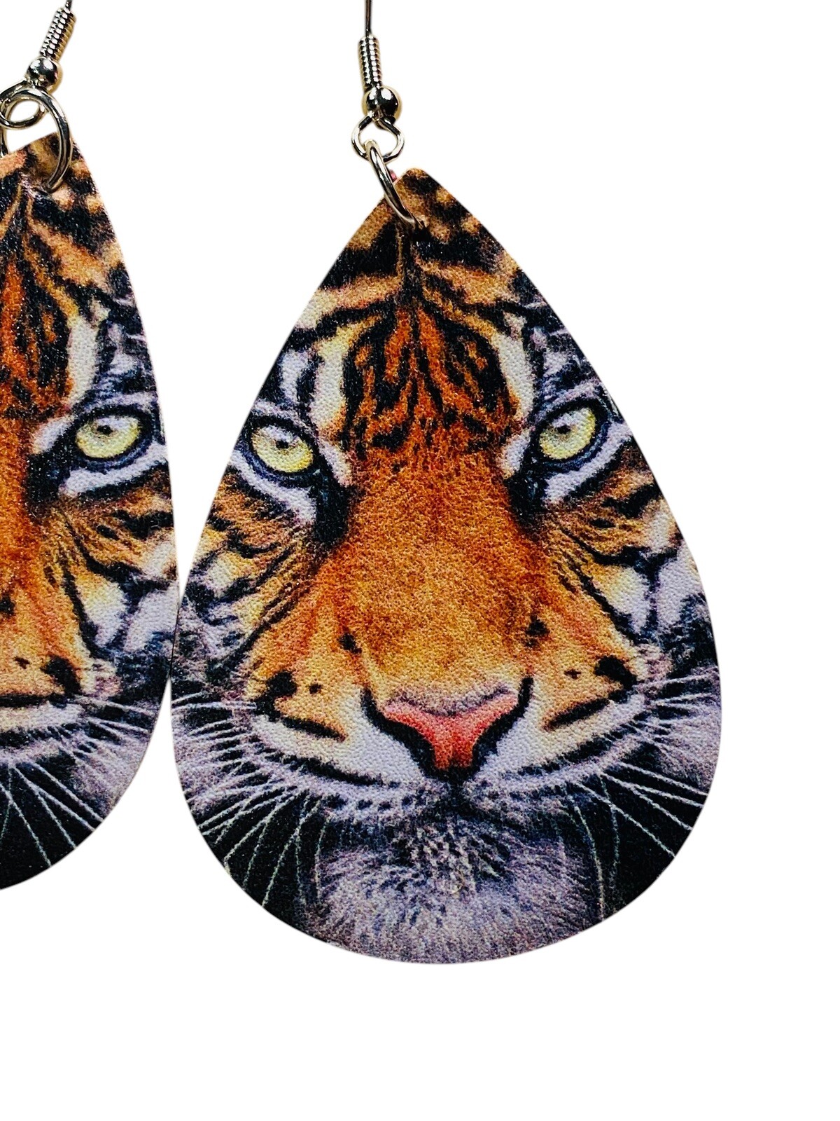 Realistic Tiger Face Boutique Earrings 2.25”x 1.5”, 2 Sided, Faux Leather