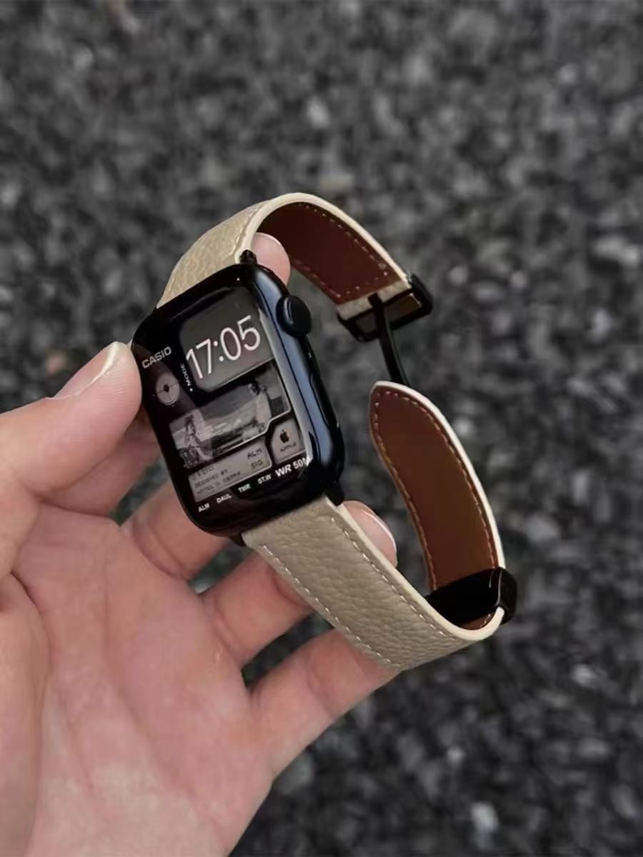 For Apple Watch S1-11/Ultra/SE Litchi Pattern Leather Magnetic Buckle Strap