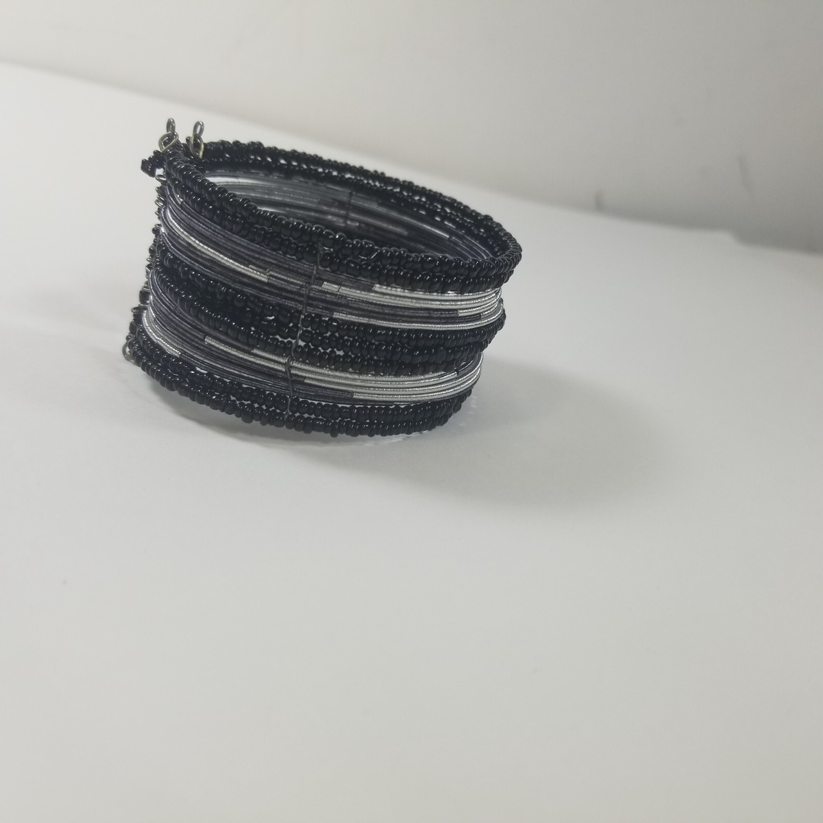 Beaded Wrap Cuff Bracelet Silver Tone Black Seed Beads, Flexible Fit, 1.5″ wide