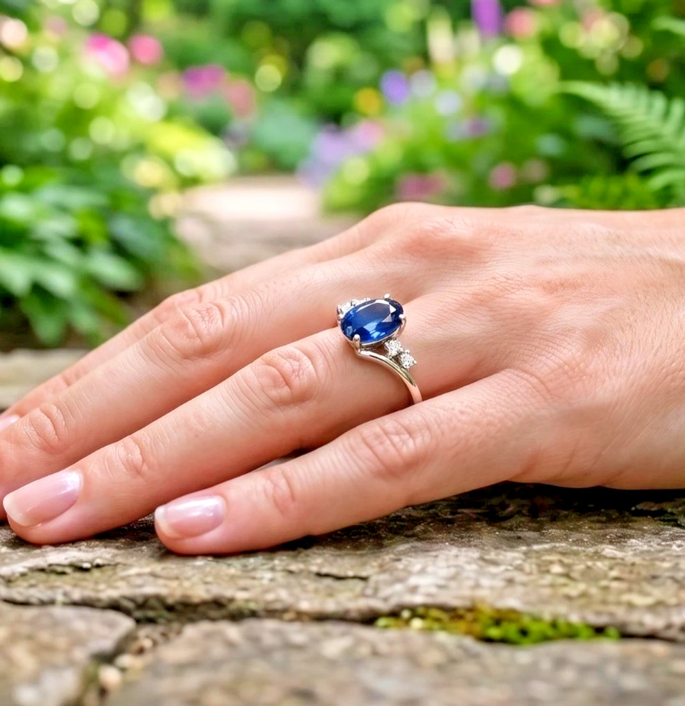 2.80Ct Oval Cut Natural Blue Sapphire & Diamond 14K White Gold Engagement Ring