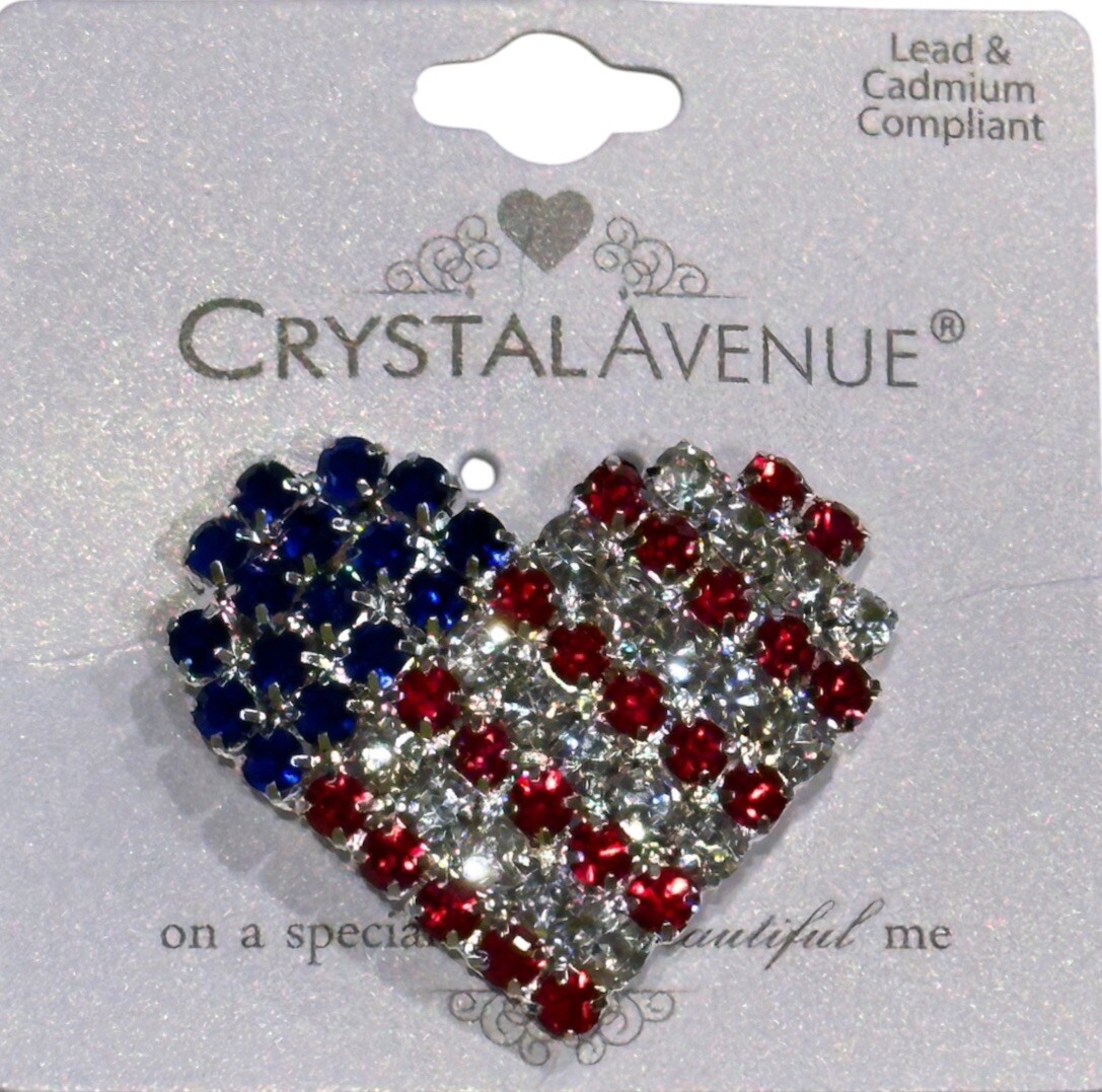 HEART US FLAG LARGE BROOCH PIN PATRIOTIC USA RED WHITE BLUE RHINESTONE BLING