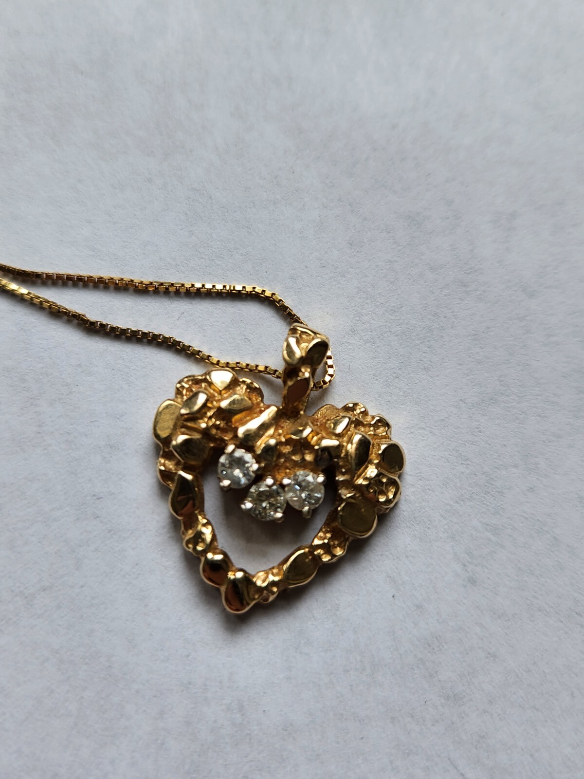 14K Solid Gold Diamond Nugget Heart Pendant Necklace-3.97 Grams