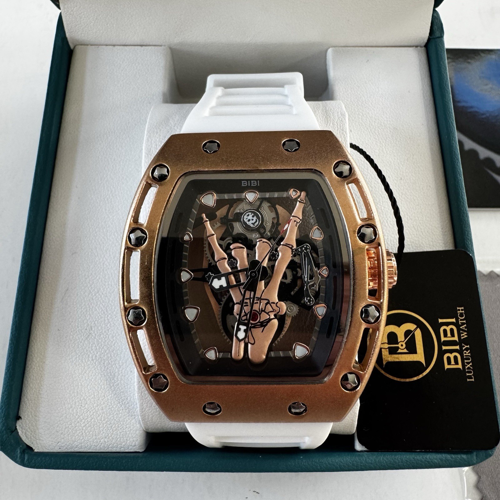 BIBI Luxury Skeleton Dial Black White RubStrap Tonneau Barrel Men’s Watch /Box