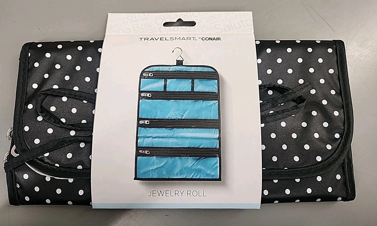 CONAIR Travel Jewelry Organizer – Black Polka Dot Roll-Up Hanging Case