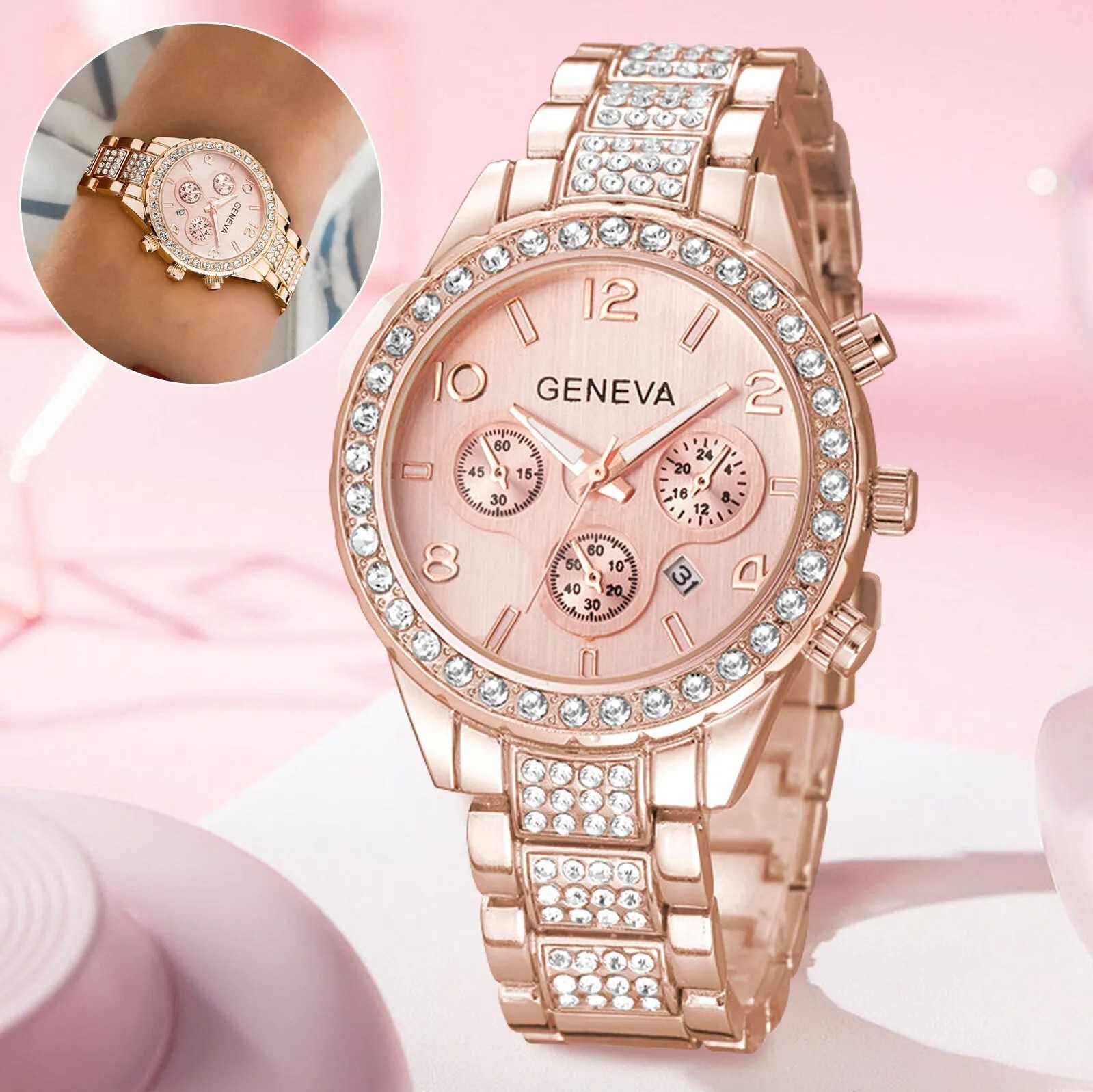 Reloj cuarzo para mujer,oro rosa,impermeable,clásico,acero inoxidable,cristal.