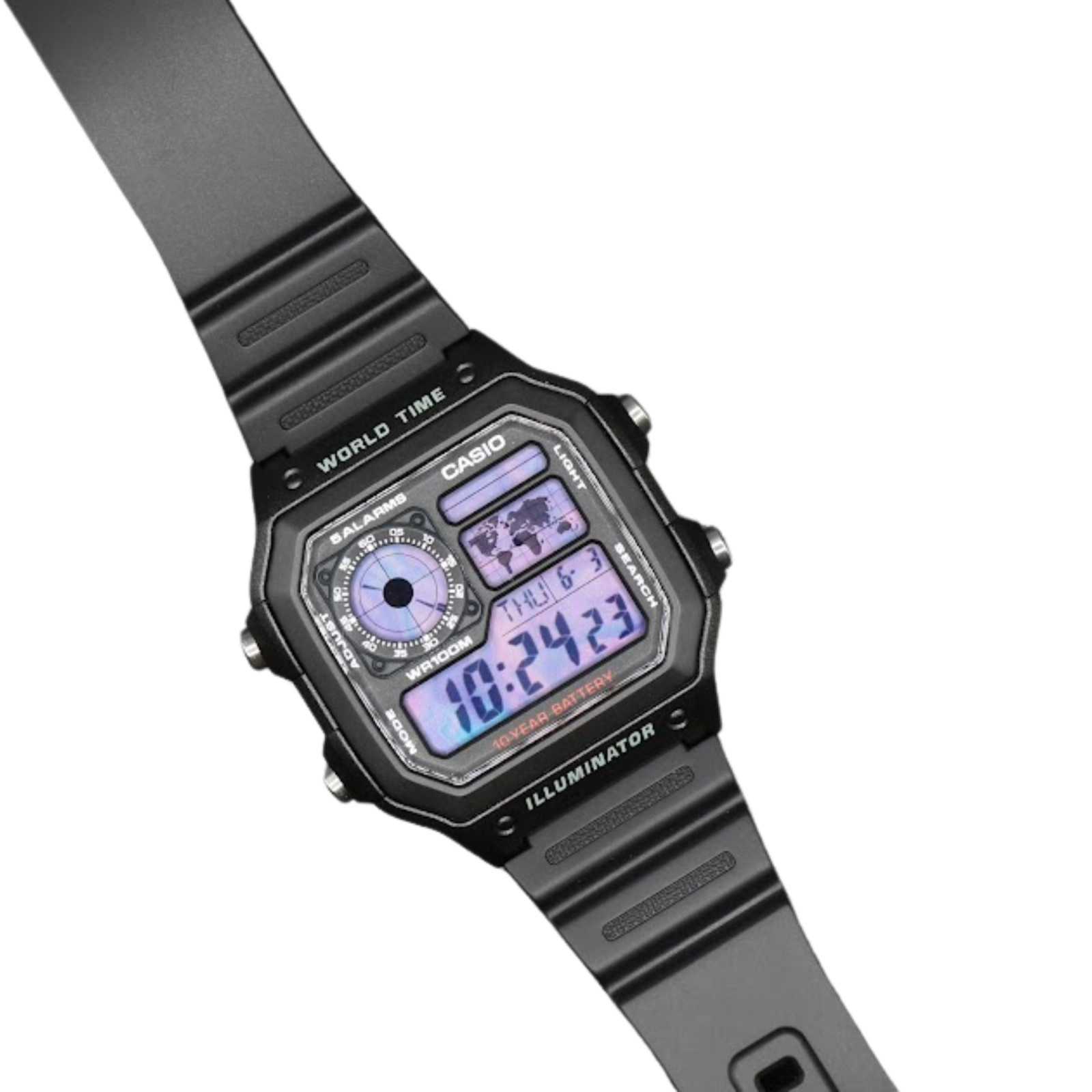 CASIO AE-1200WHD Royale World Time Watch Mod Purple Haze Display