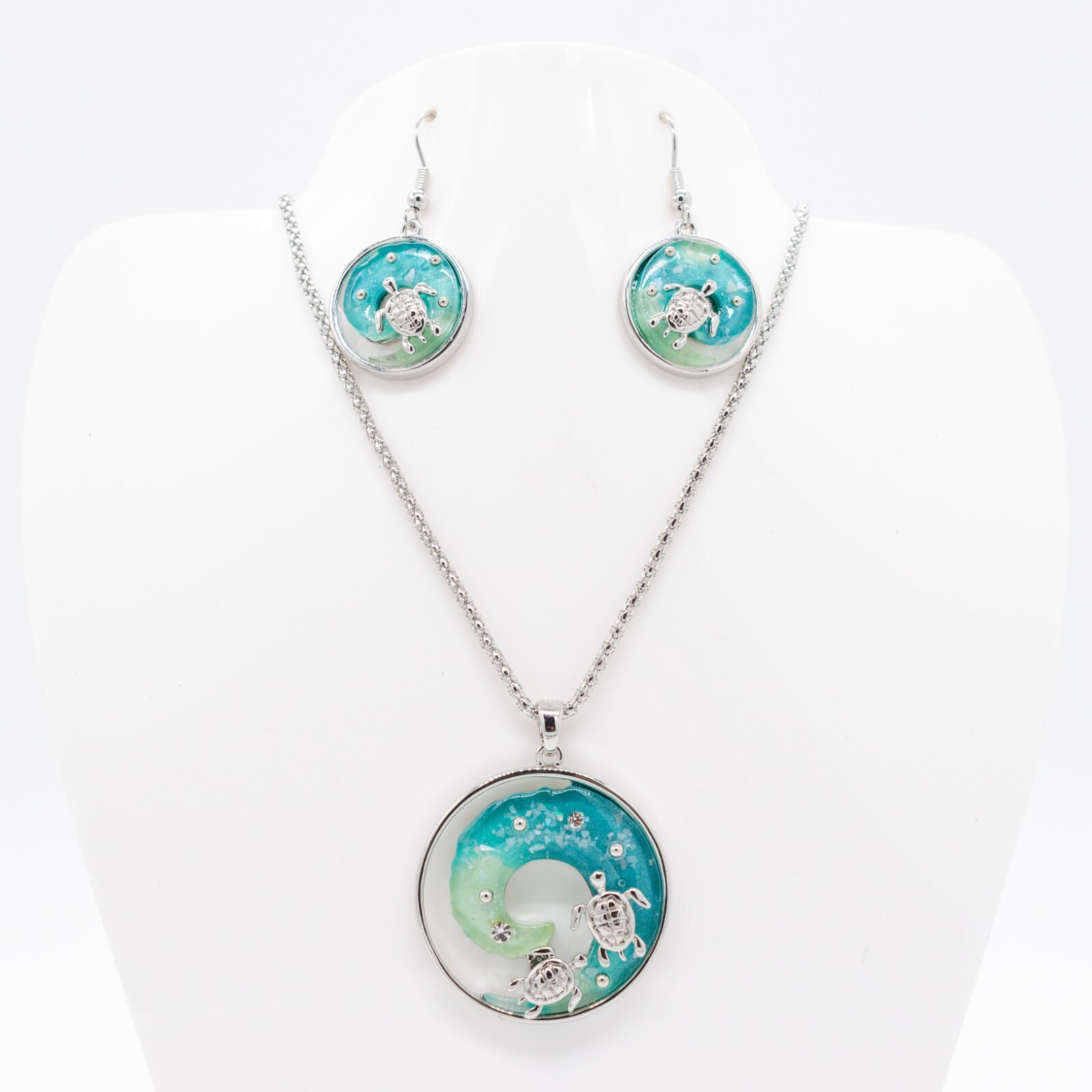 Resin Jewelry Necklace, Pendant, and Earring Set – Metal Alloy Turtle Wave