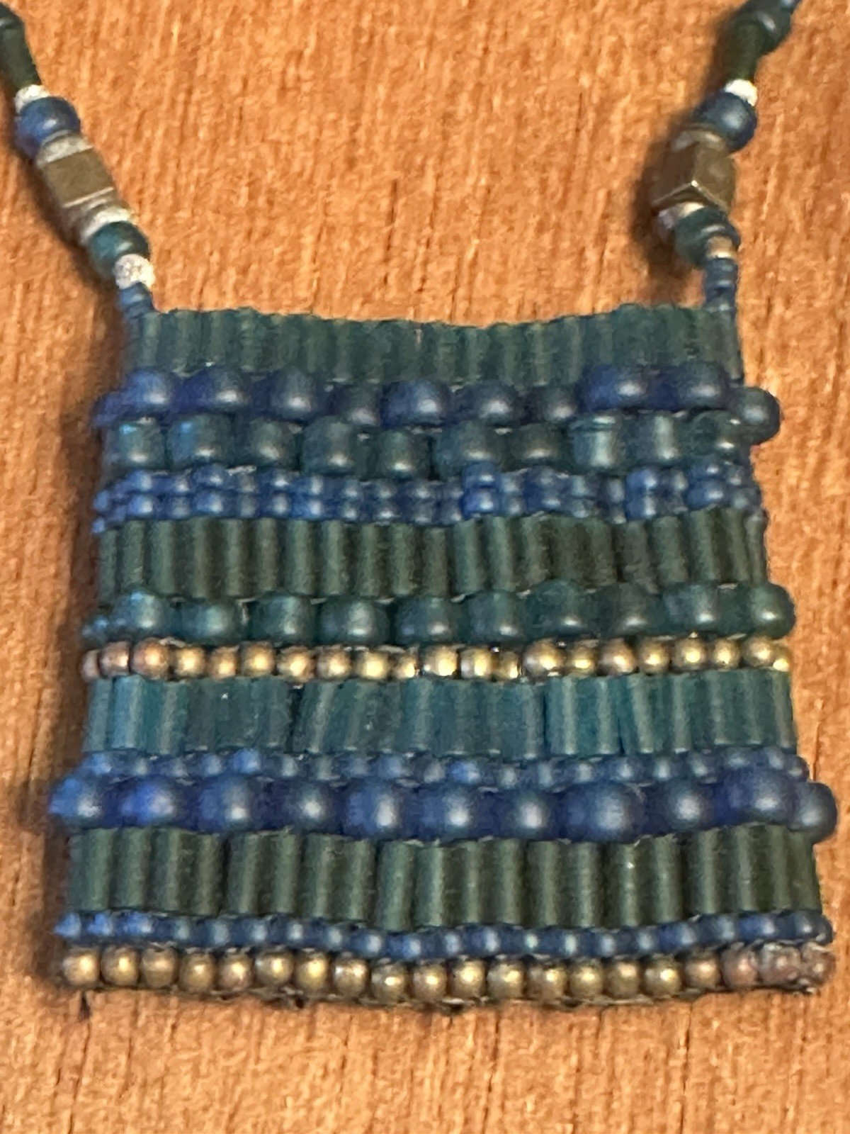 Handmade Blue Beaded Necklace Square Pouch Style Artisan Bohemian