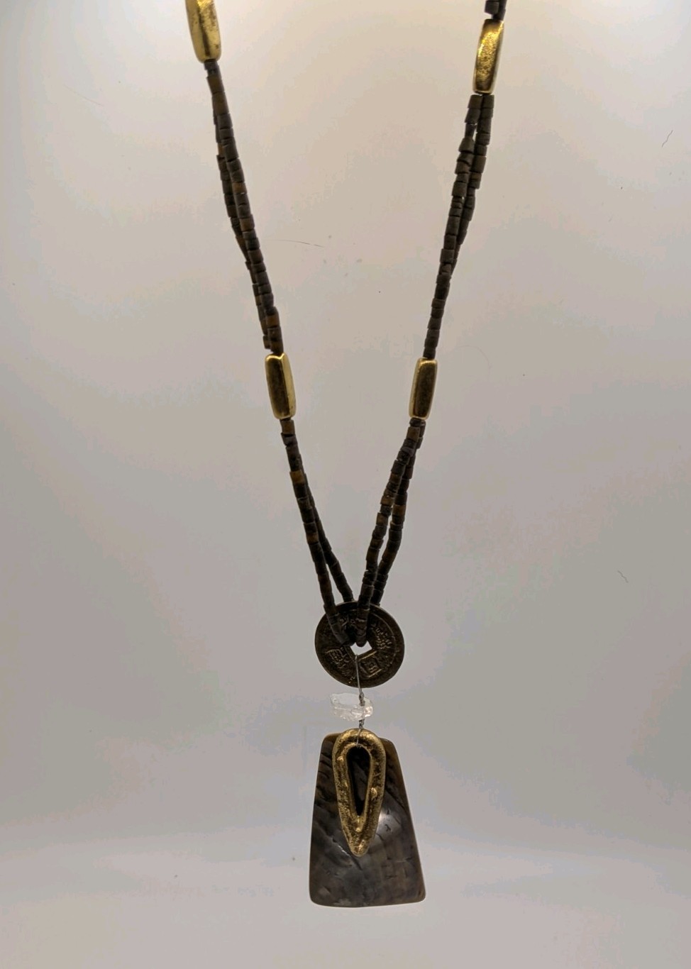 Multi-Strand Brown Beaded Necklace Trapezoid Shell Pendant Quartz/Brass/Coin