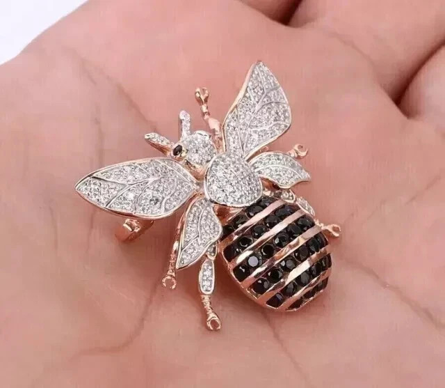 Honey Bee Brooch Pin 4CT Round Lab-Created Black Diamond 14K Rose Gold Plated