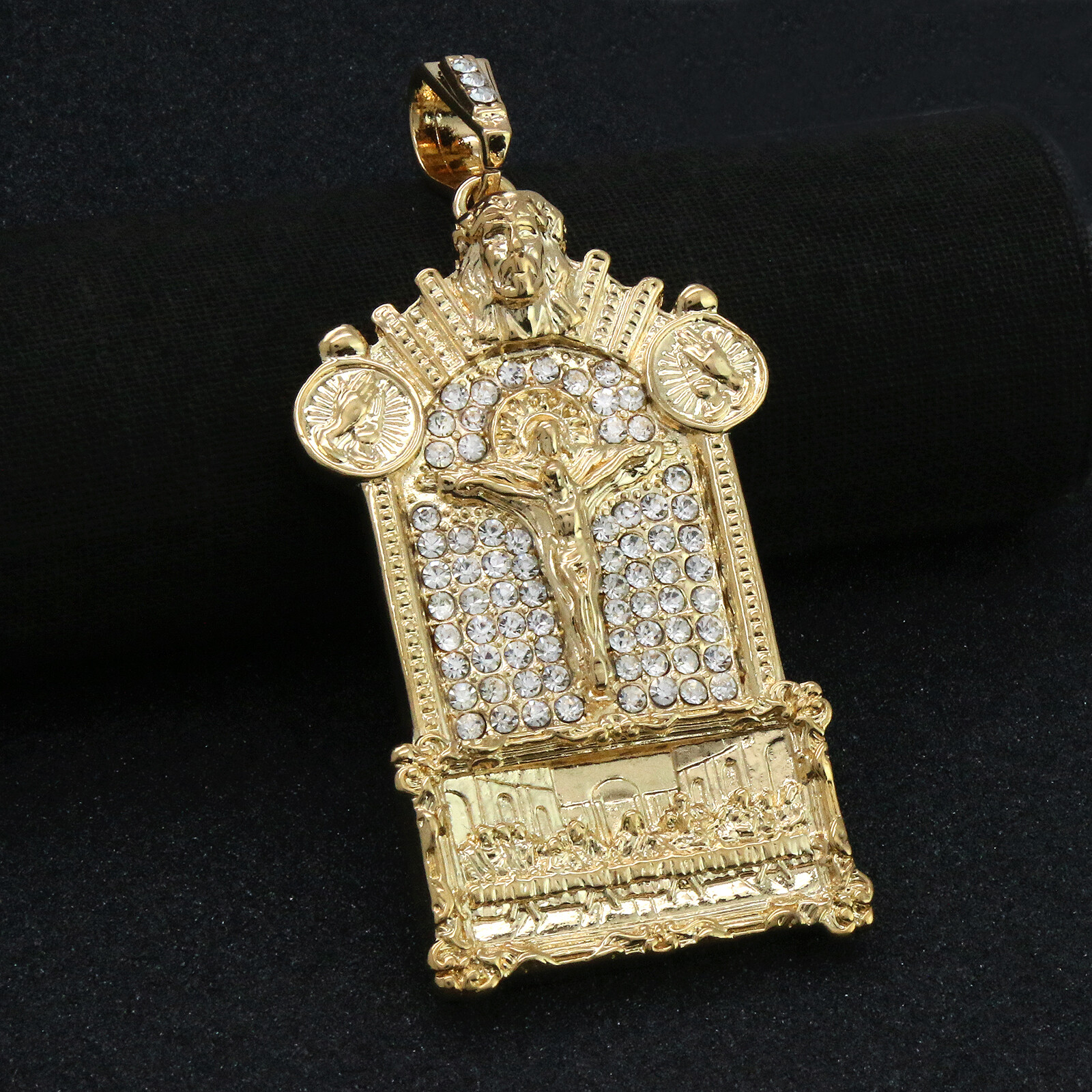 14k Gold Plated Last Supper Jesus Temple Pendant Cubic-Zirconia 24″ Box Chainn