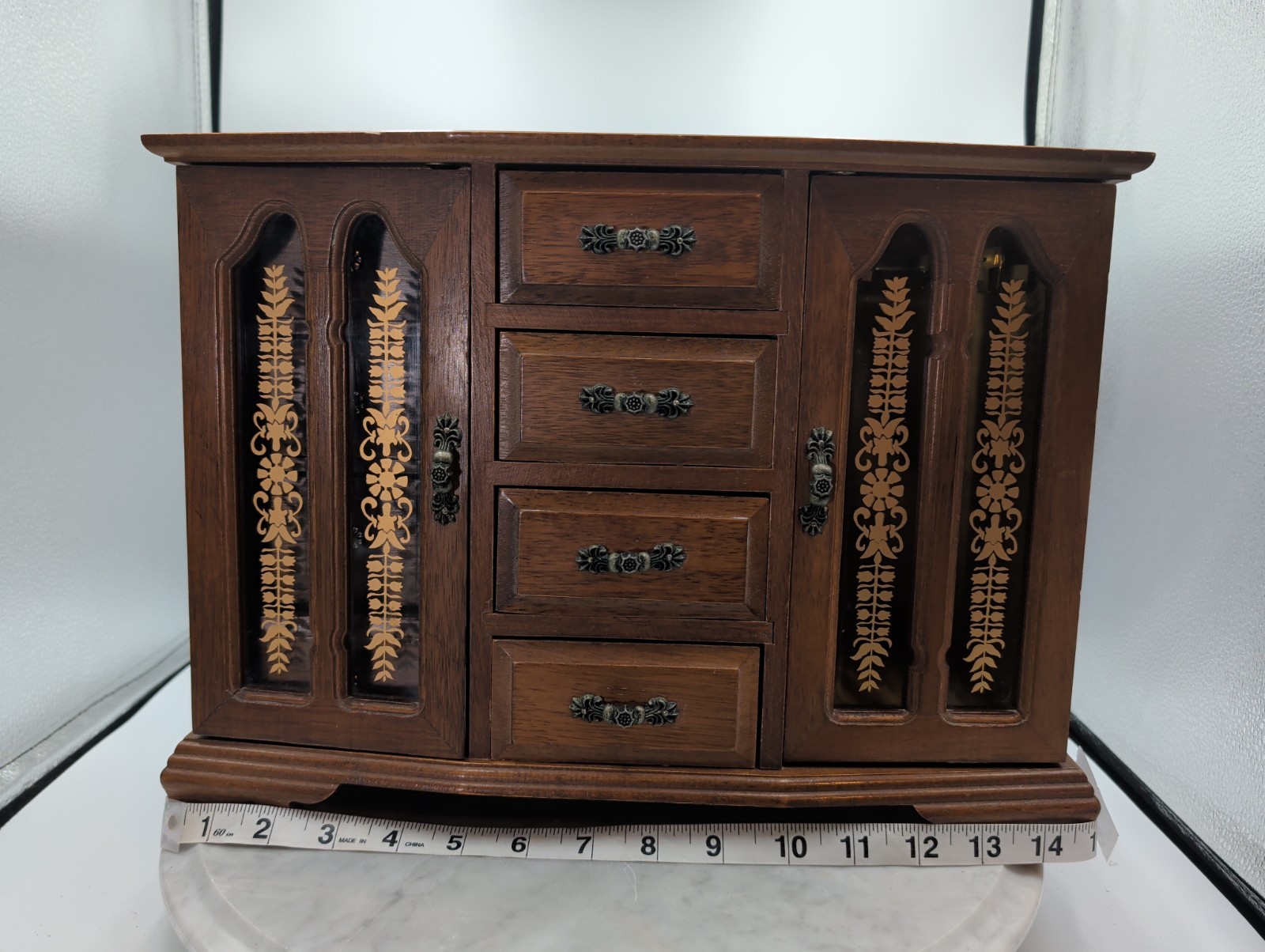 70s 80s Vintage MCM Wood Jewelry Box Oak Tone Velvet Interior Large 15 In X 11
