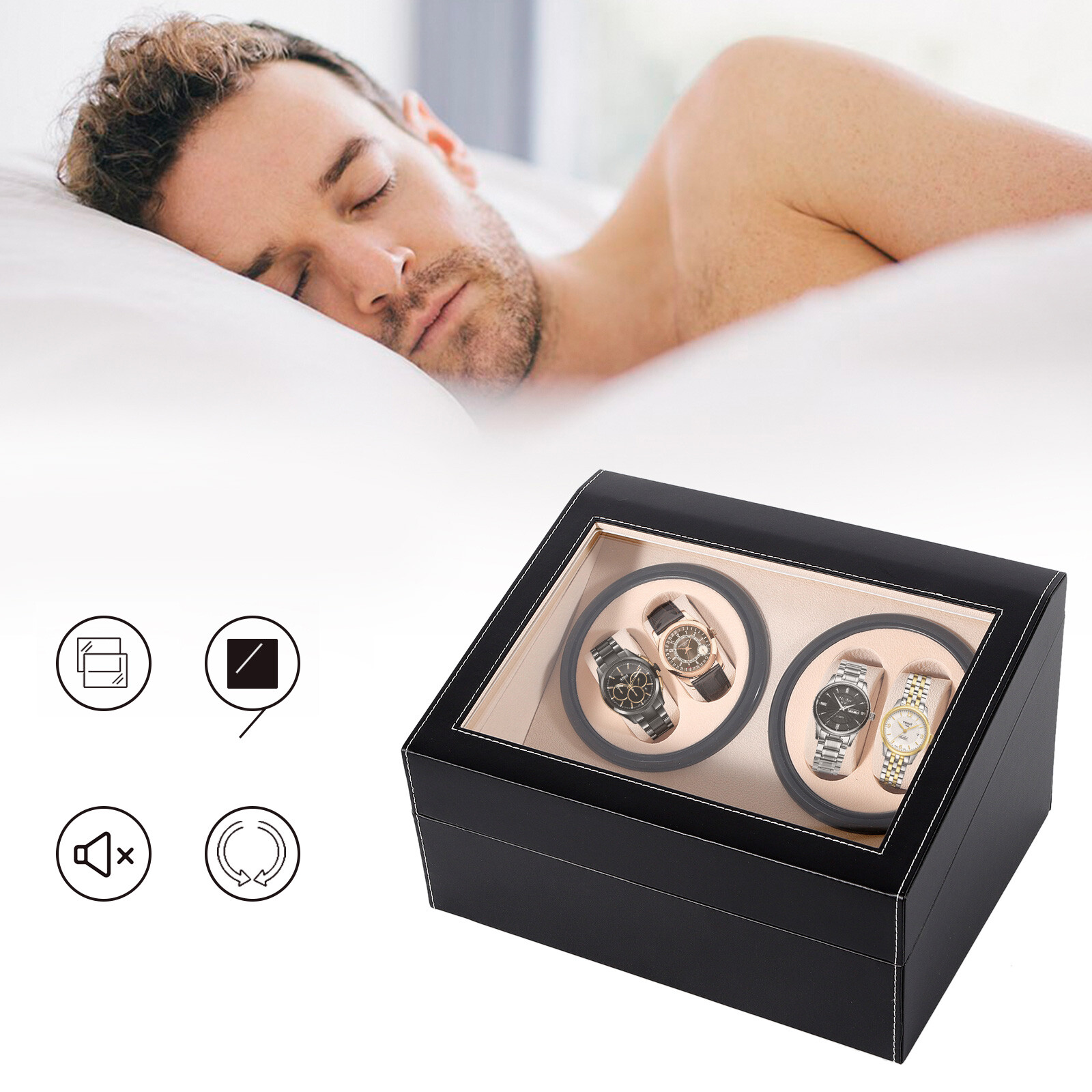 4+6 Automatic Rotation Watch Winder Display Case Wooden Storage Box US