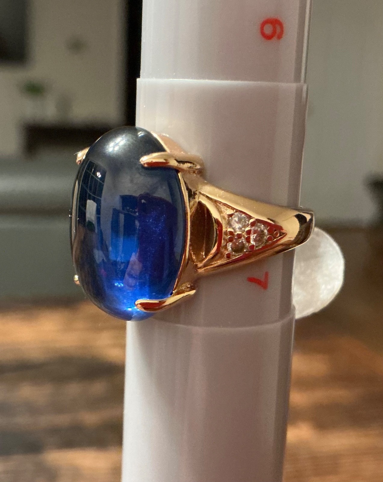 Oval Blue Dyed Amber Crystal Ring HGE Gold Electroplated 7,7 Grams Size: 6,5-7,
