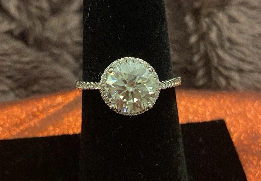 Round-Cut White/Colorless Halo Engagement Ring, Silver Tone, GRA Certified