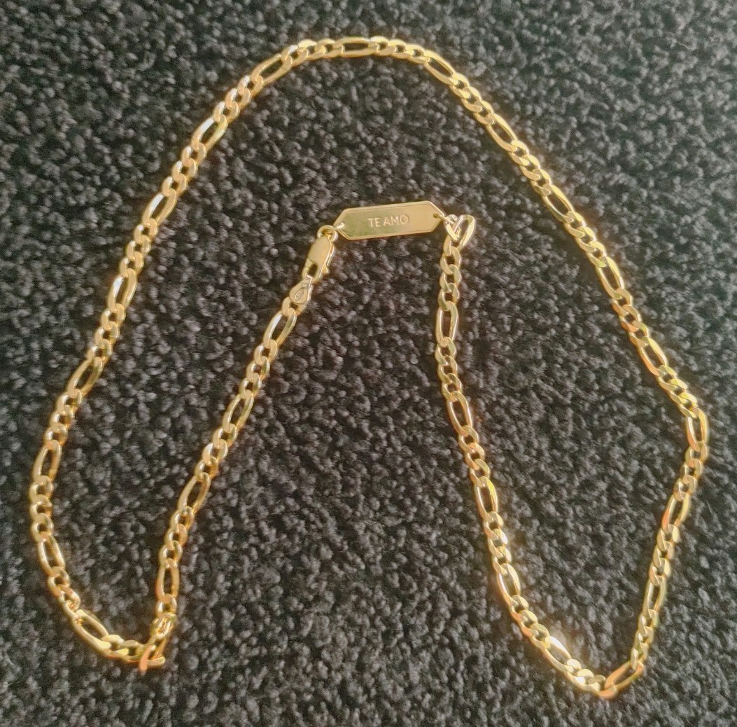 Gold Plated Sterling Silver Necklace 24 inch Figaro with Te amo (I Love You)