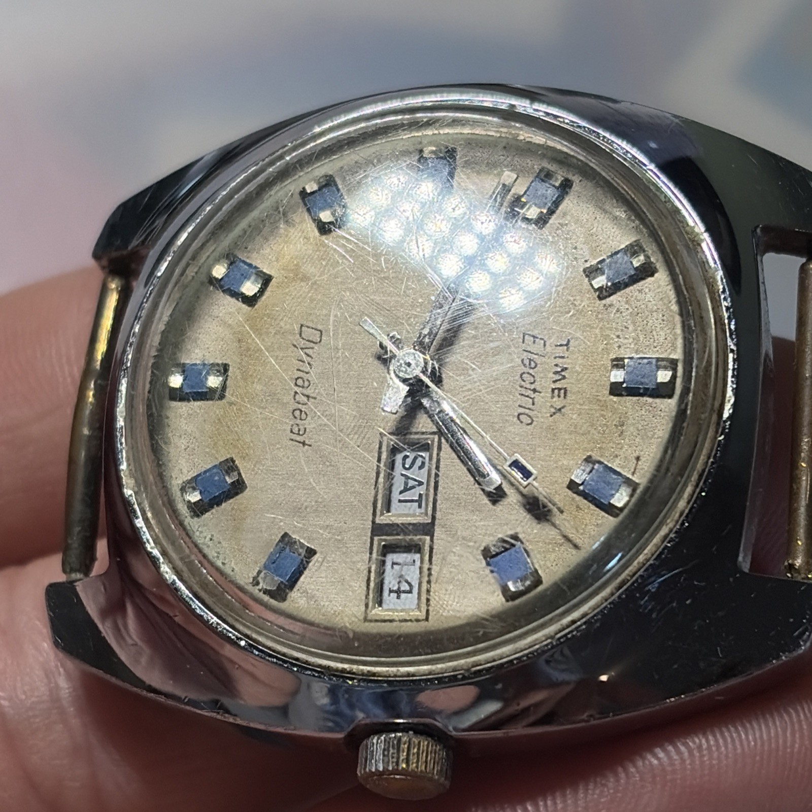 Vintage Men’s TIMEX Electric Dynabeat Day/Date, Blue Indices For Parts/Repair