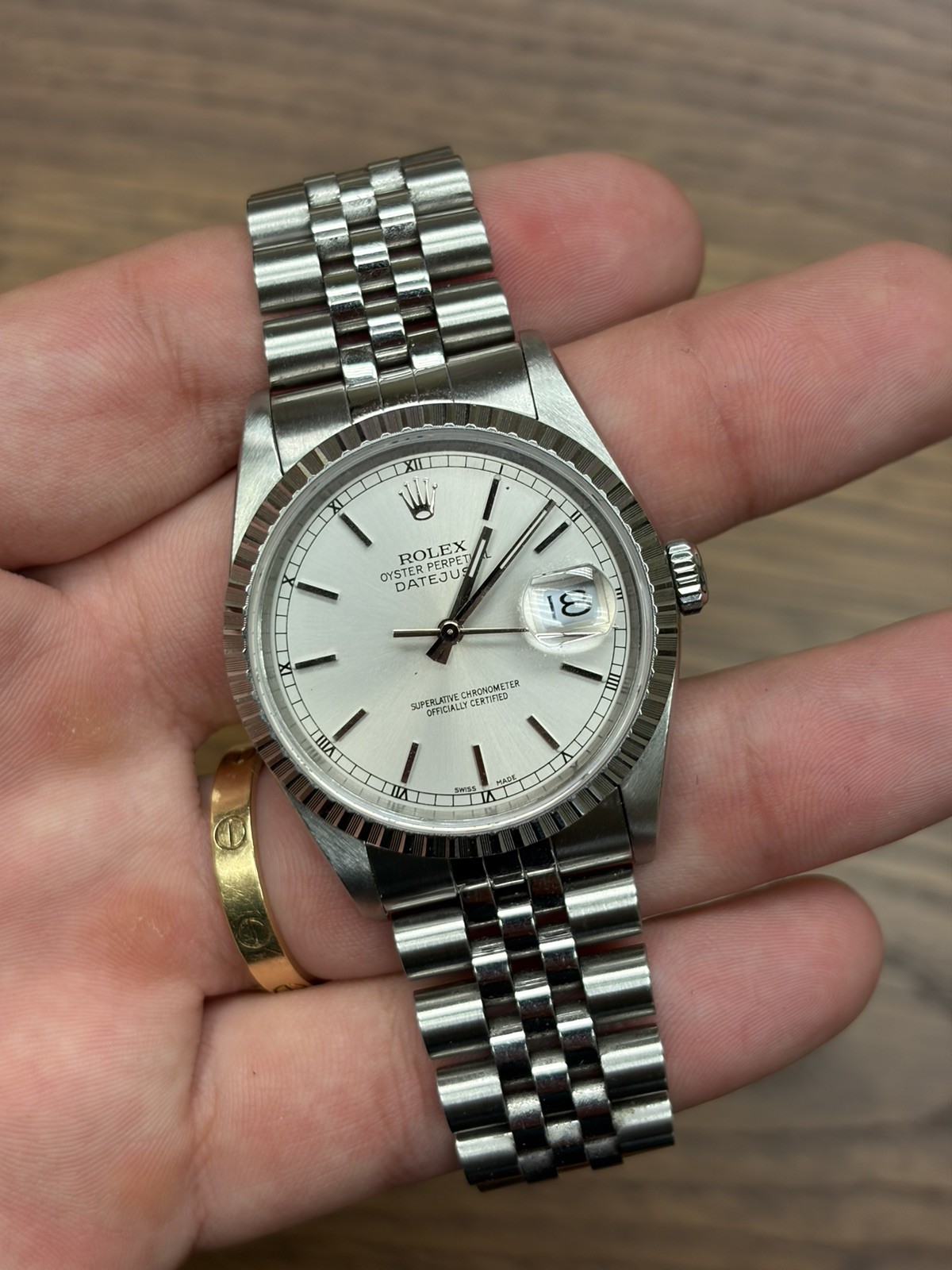 Rolex Datejust 16220 Silver Stick Dial Jubilee Band Engine Turned Bezel