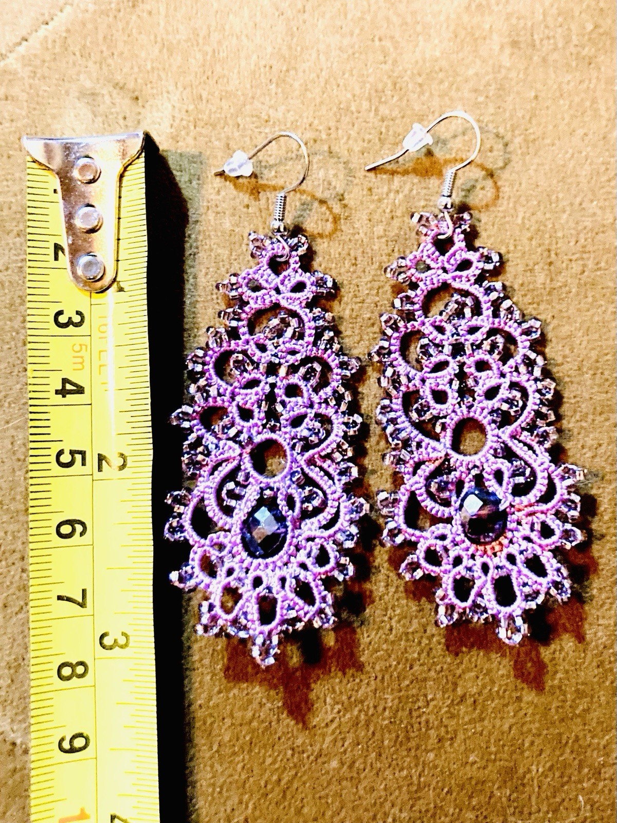 Handmade Mauve Tatted Crochet Lace Drop Earrings with faceted bead accents NWOT
