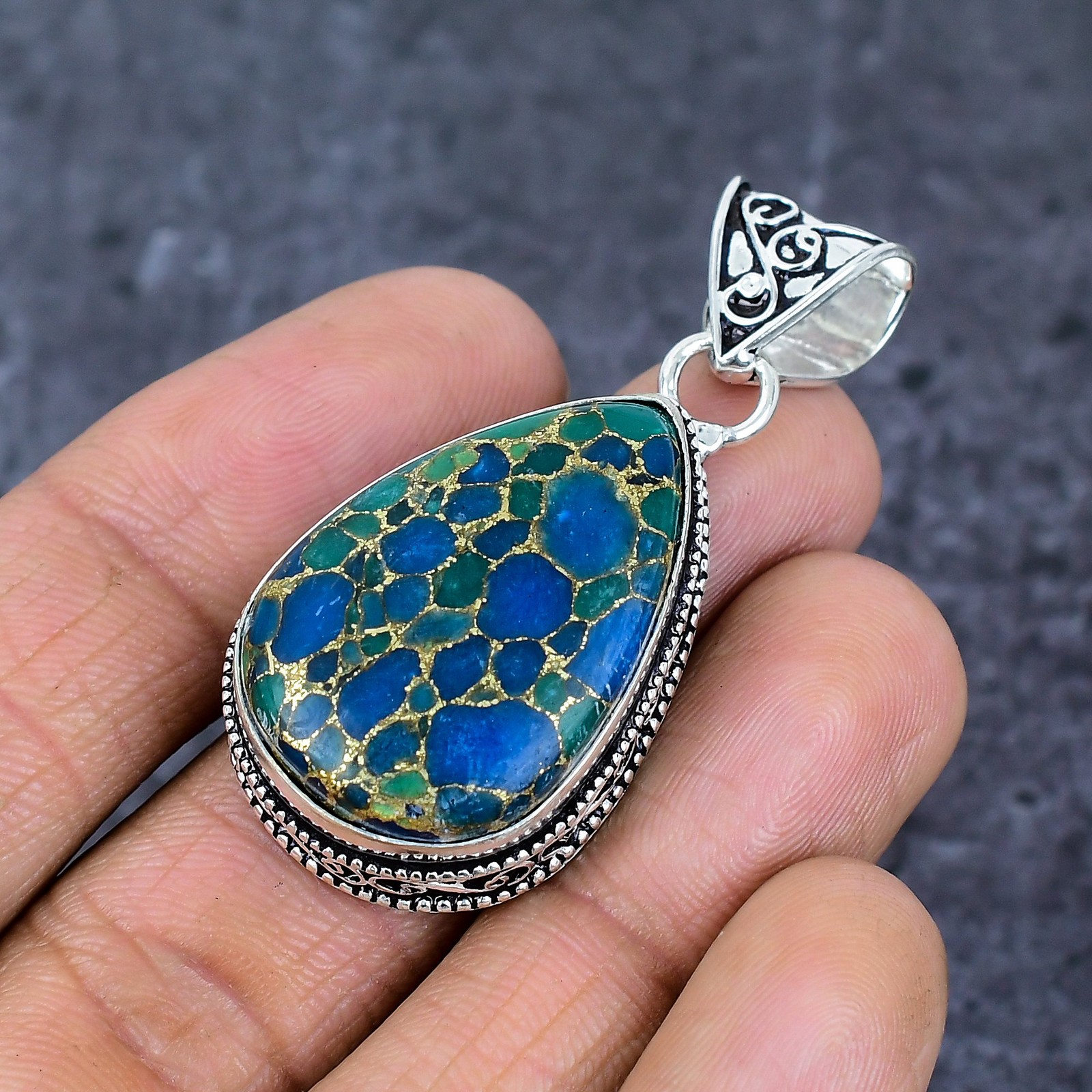 Copper Blue Turquoise Gemstone 925 Sterling Silver Jewelry Pendant 2.05″ K597