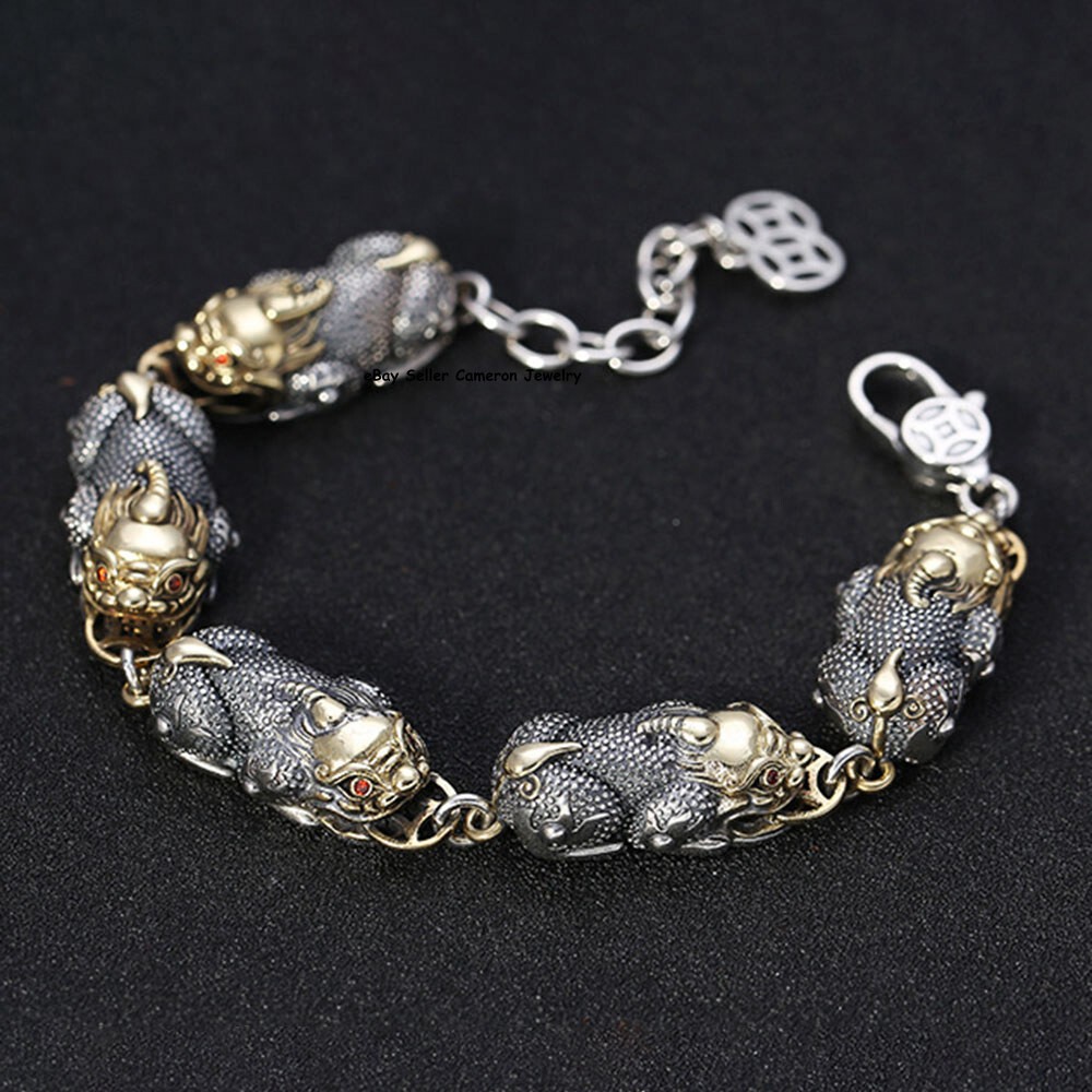 Solid 925 Sterling Silver Chain Men 15mm Two Tone Pixiu Link Bracelet 7.9+1.2″L