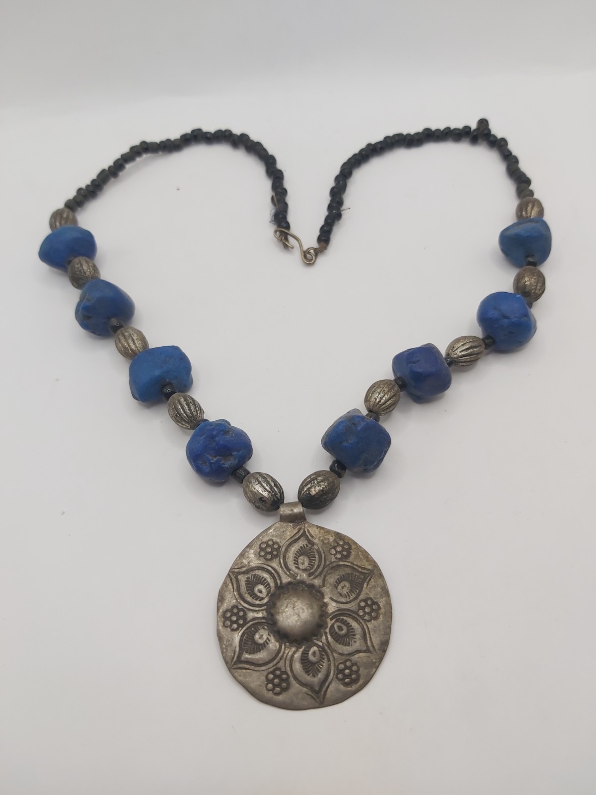 Vintage Berber Moroccan Lapis Blue Resin Bead Necklace Tribal Silver Tone Pendan