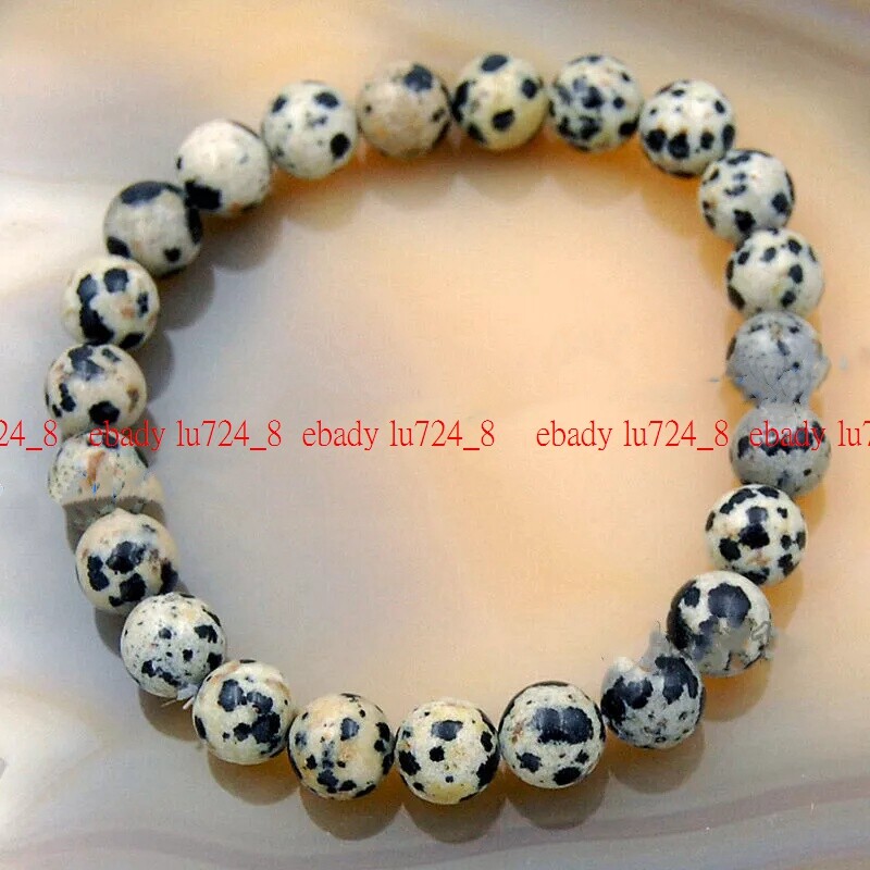 8mm Natural Dalmation Jasper Spot Round Gemstone Beads Elastic Bracelet 7.5″