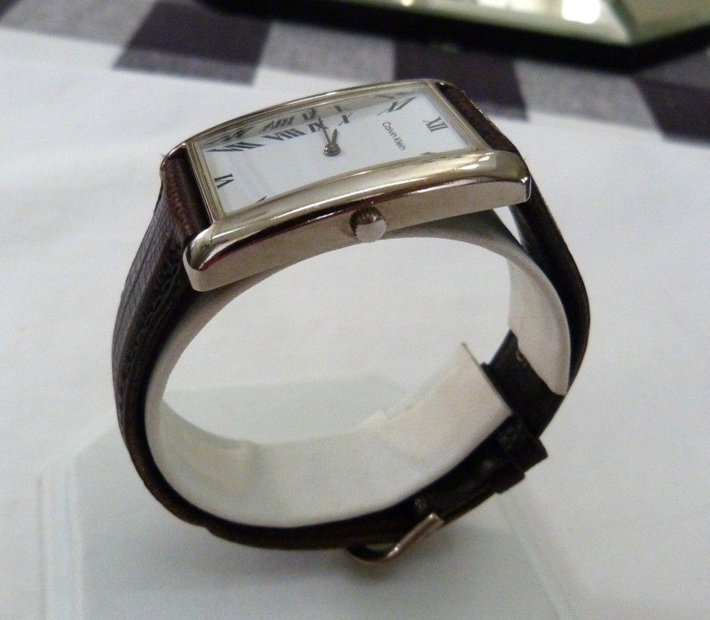 VINTAGE CALVIN KLEIN TANK WATCH STYLE TEJU LIZARD BROWN BAND 16R USA WATCH