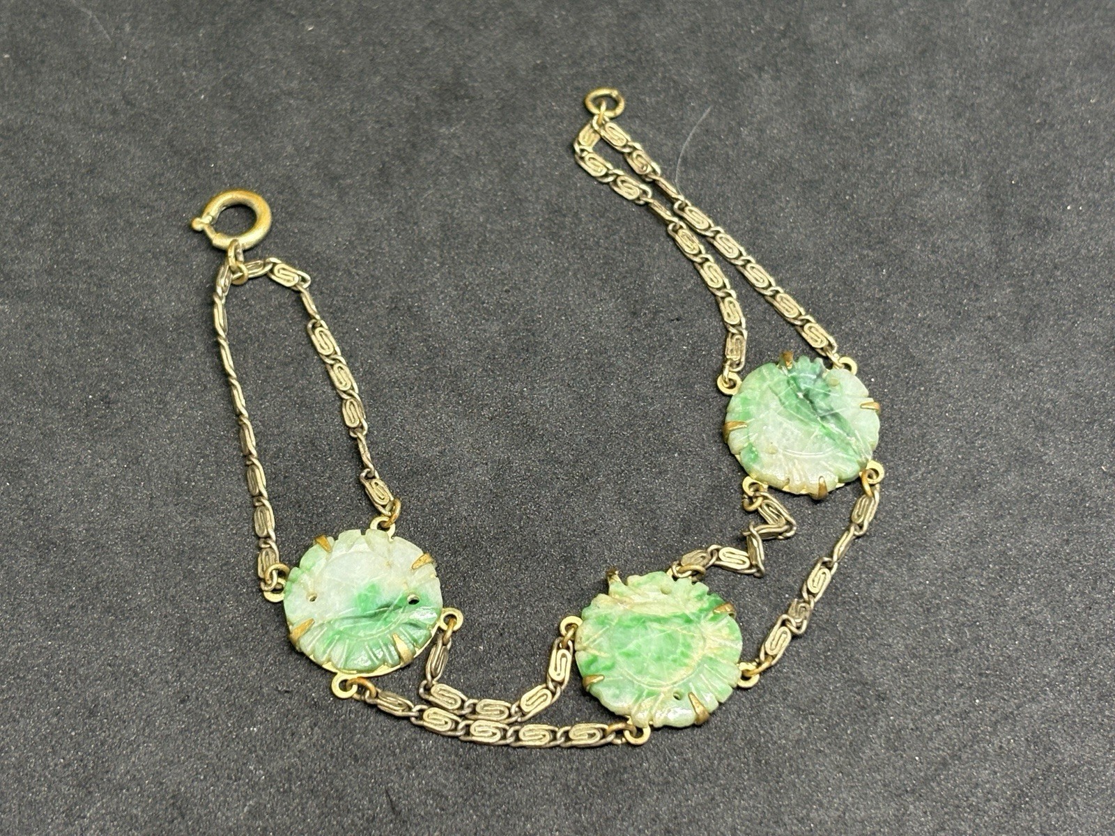 Antique Chinese Export Art Deco Brass Link Carved Jade Disc Chain Bracelet 7”