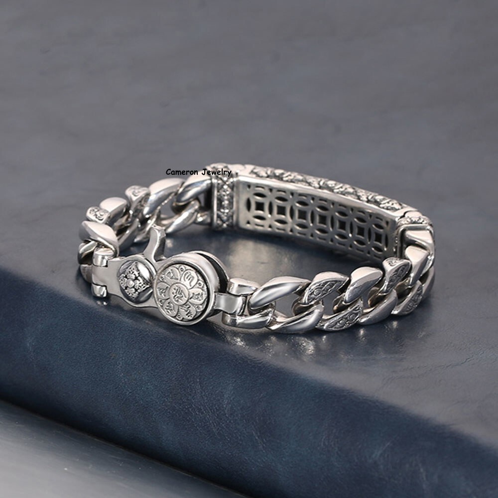 Real 925 Sterling Silver Bracelet 11mm Vajra Six Words Curb Link Chain 7-8.7in