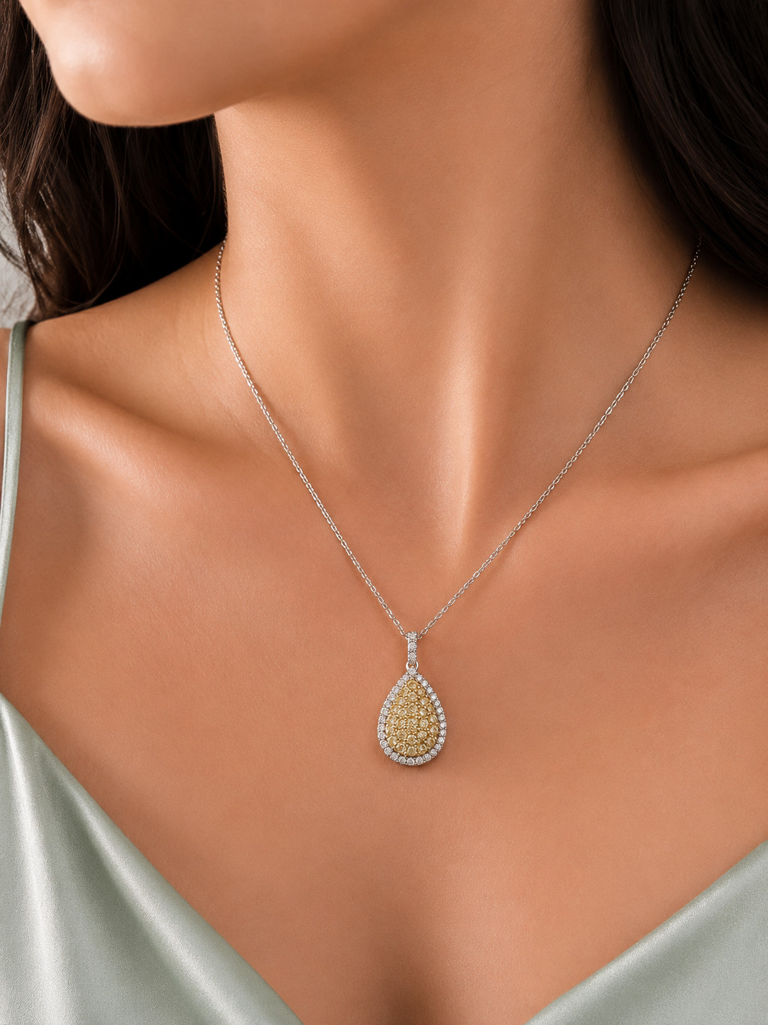 2Ct Round Cut Simulated Citrine Halo Pear Pendant Necklace 14K White Gold Plated