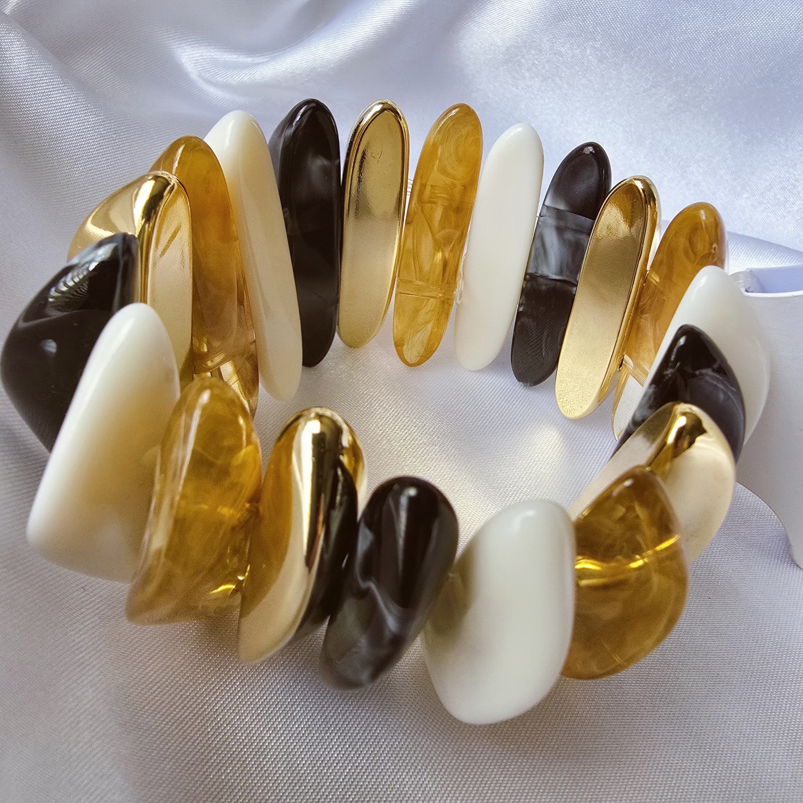 nOir Beaded Statement Stretch Bracelet, Gold White Brown Yellow, Art Theme